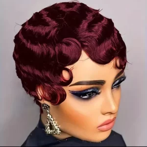 Brown Short Finger Wave Wig Natural Human Hair Pixie Cut Wig for Women Ocean Wave Style Full Machine