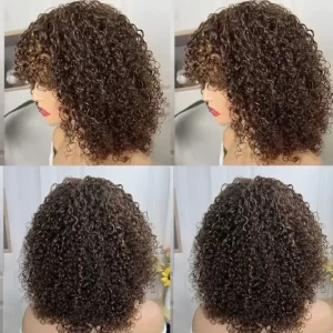 Bob Cut Human Hair Wigs With Bangs Jerry Curly Full Machine Wig Highlight Honey Blonde Colored Wigs For Women