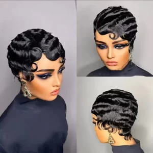 Black Short Finger Wave Wig Natural Human Hair Pixie Cut Wig for Women Ocean Wave Style Full Machine